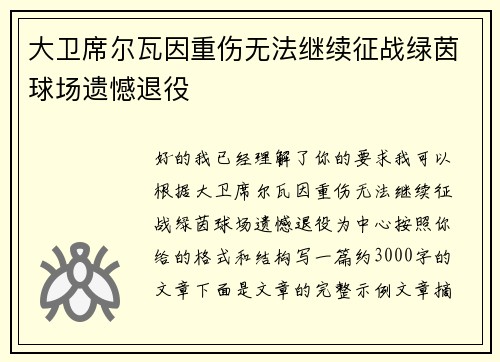 大卫席尔瓦因重伤无法继续征战绿茵球场遗憾退役