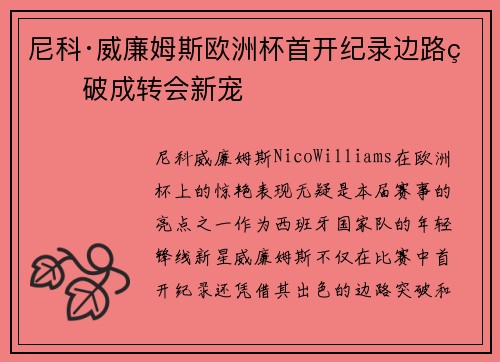 尼科·威廉姆斯欧洲杯首开纪录边路爆破成转会新宠