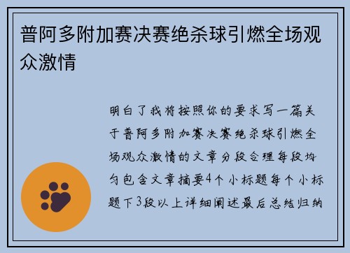 普阿多附加赛决赛绝杀球引燃全场观众激情