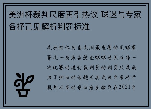 美洲杯裁判尺度再引热议 球迷与专家各抒己见解析判罚标准
